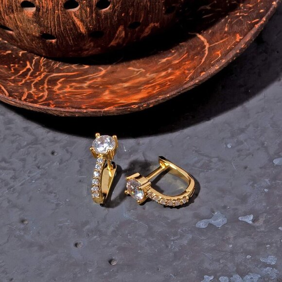 14K Gold Plated Cubic Zirconia Huggie Earrings - Small Hoop for Everyday Glam - Picture 4 of 5